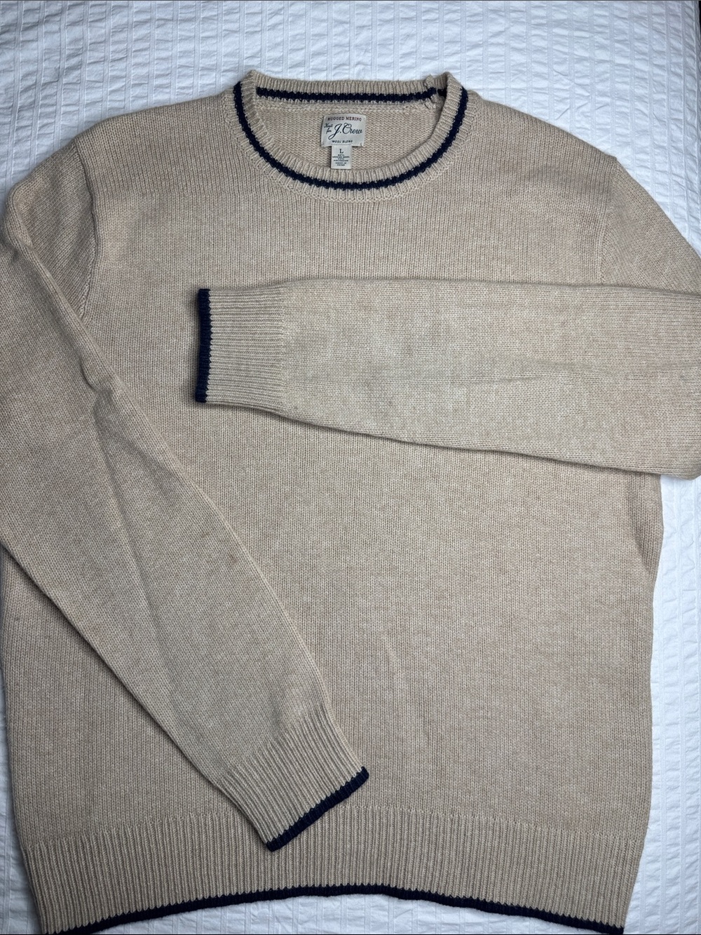 J. Crew Men’s Crewneck Wool Blend Sweater in Beige with Navy Trim - Size L